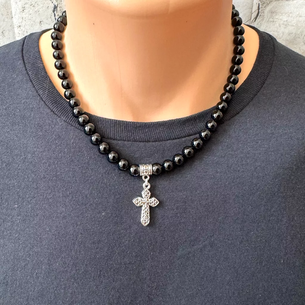 Black Onyx and Silver Detailed Cross Mens Beaded Necklace