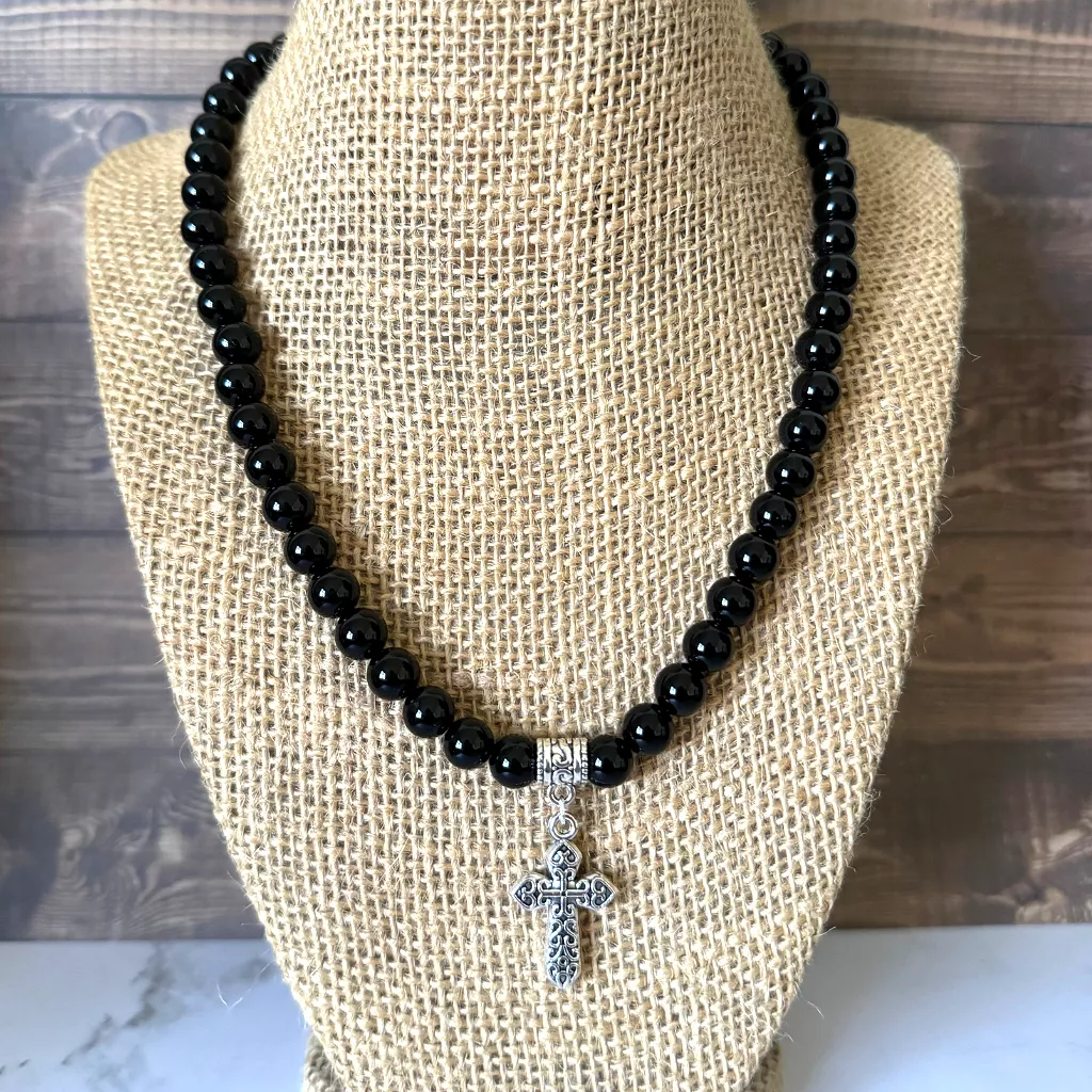 Black Onyx and Silver Detailed Cross Mens Beaded Necklace