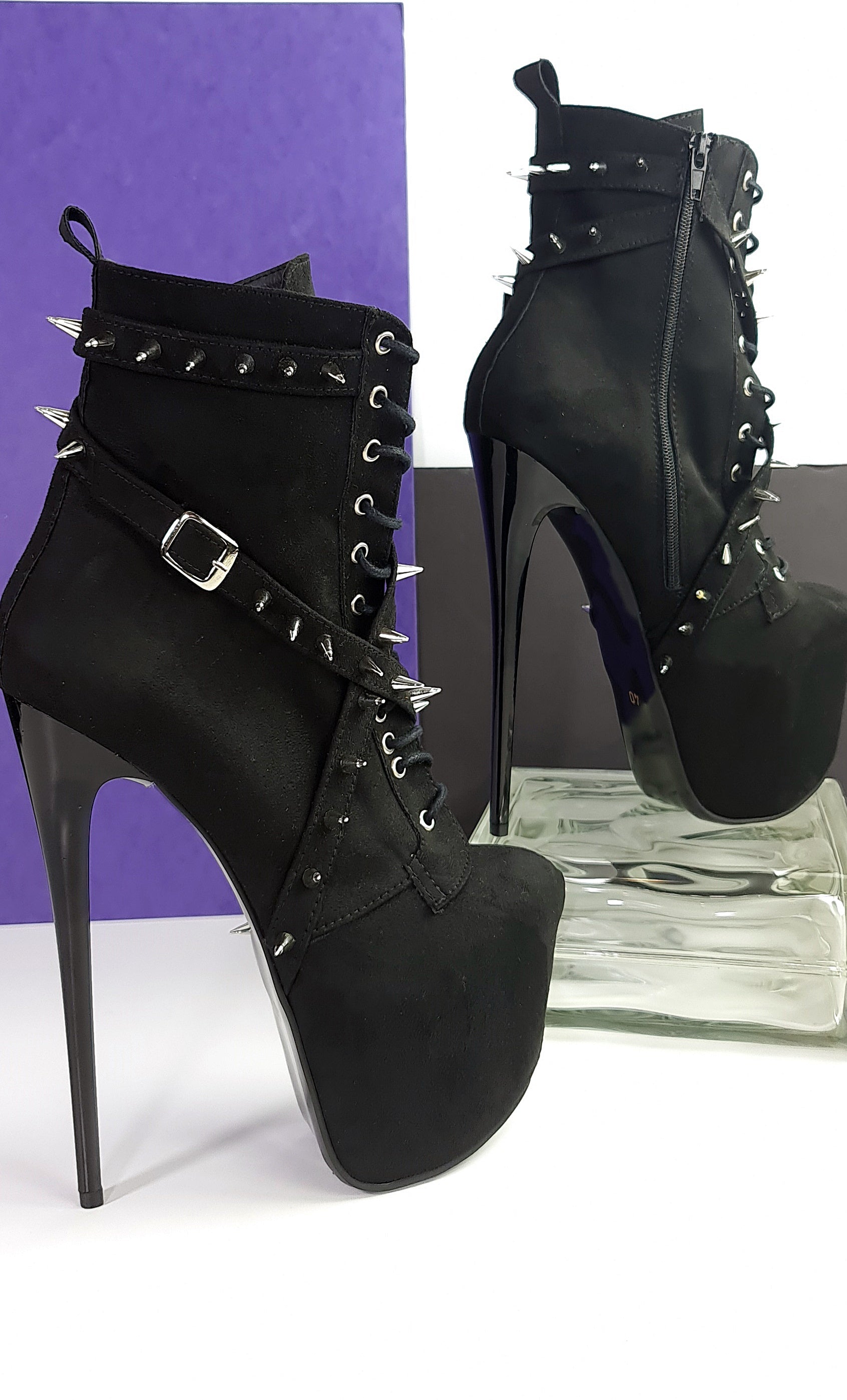 Black Suede Long Spike Studs Rocker Boots