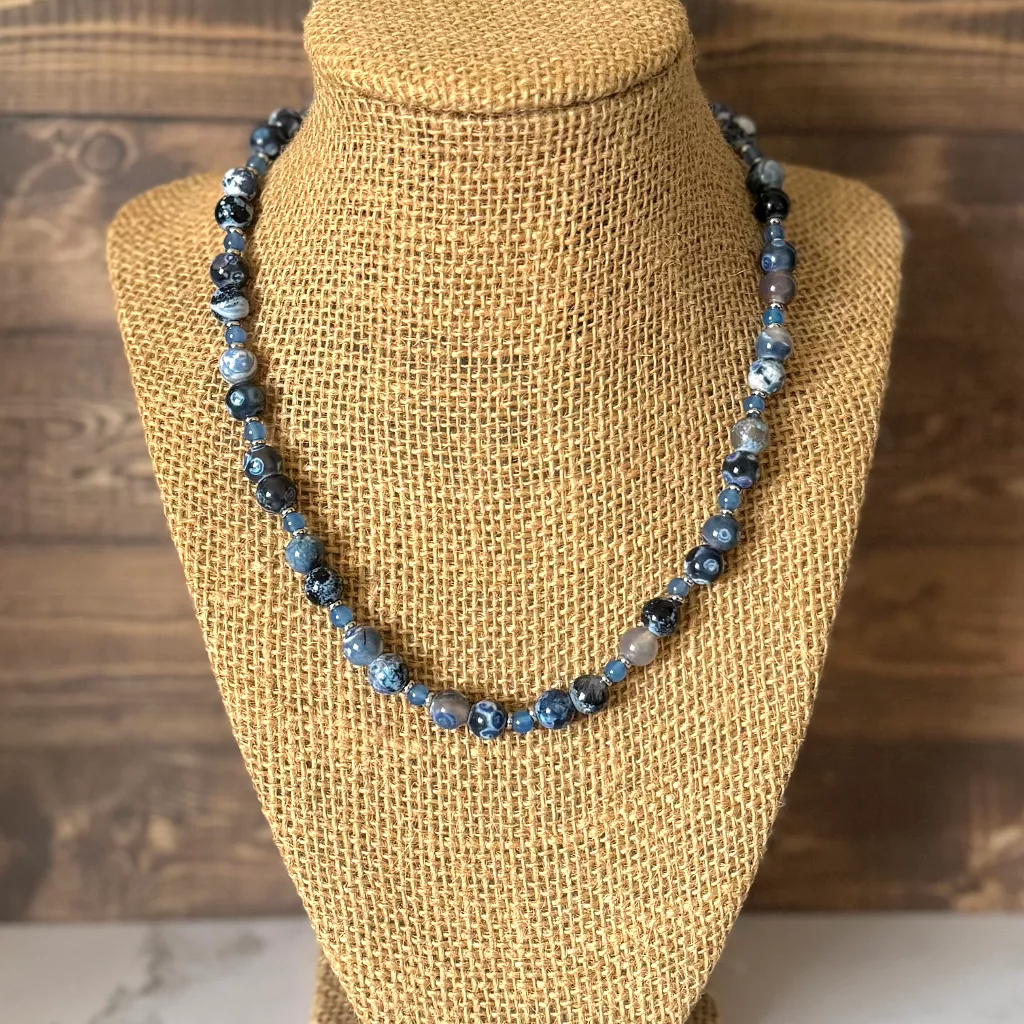 Blue and Storm Line Agate Mens Beaded Necklace