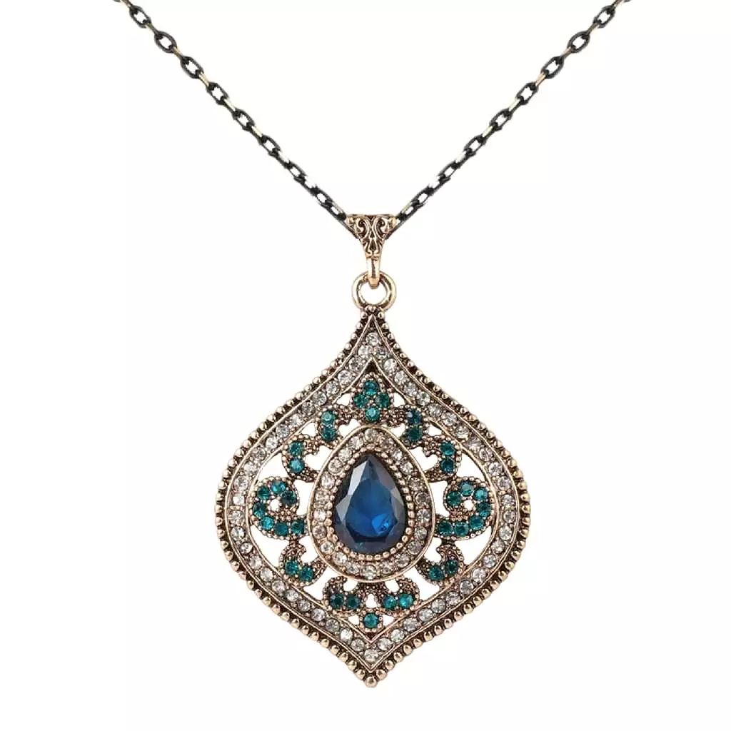 Blue Crystal Antique Gold Pendant Necklace