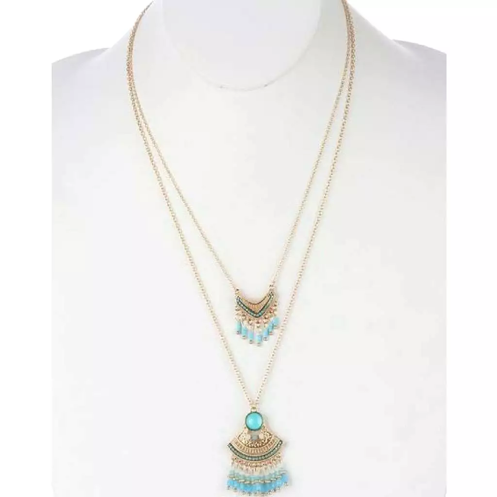 Bohemian Style Turquoise Double Layered Fringe Necklace