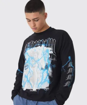 boohooMAN Mens Oversized Boxy Heavyweight Multi Cherub Print Long Sleeve T-Shirt