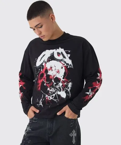 boohooMAN Mens Oversized Boxy Heavyweight Multi Skull Print Long Sleeve T-Shirt