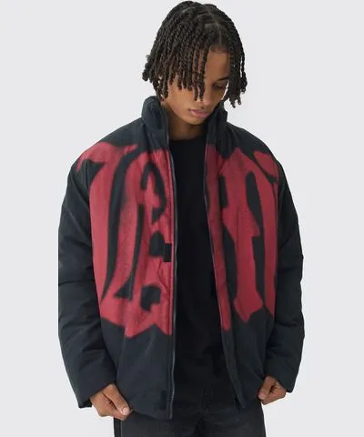 boohooMAN Mens Oversized Spray M Print Funnel Neck Puffer Jacket In Black