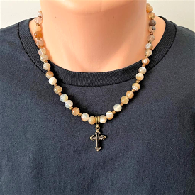 Brown Onyx Mens Beaded Necklace With Gold Cross