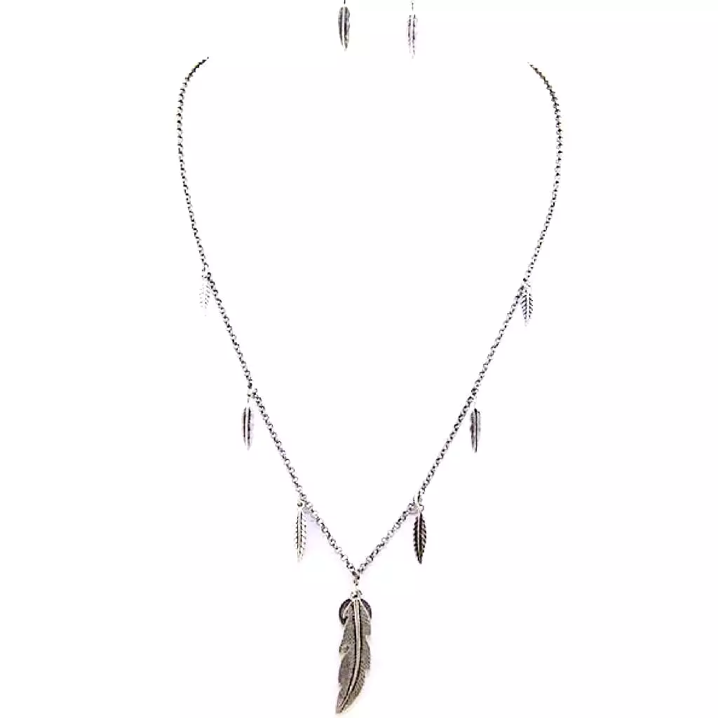 Burnished Silver Feather and Peace Sign Pendant Necklace