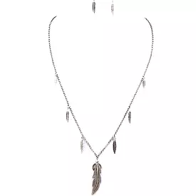 Burnished Silver Feather and Peace Sign Pendant Necklace