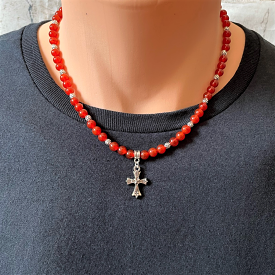 Carnelian Mens Beaded Necklace with Silver Cross Charm