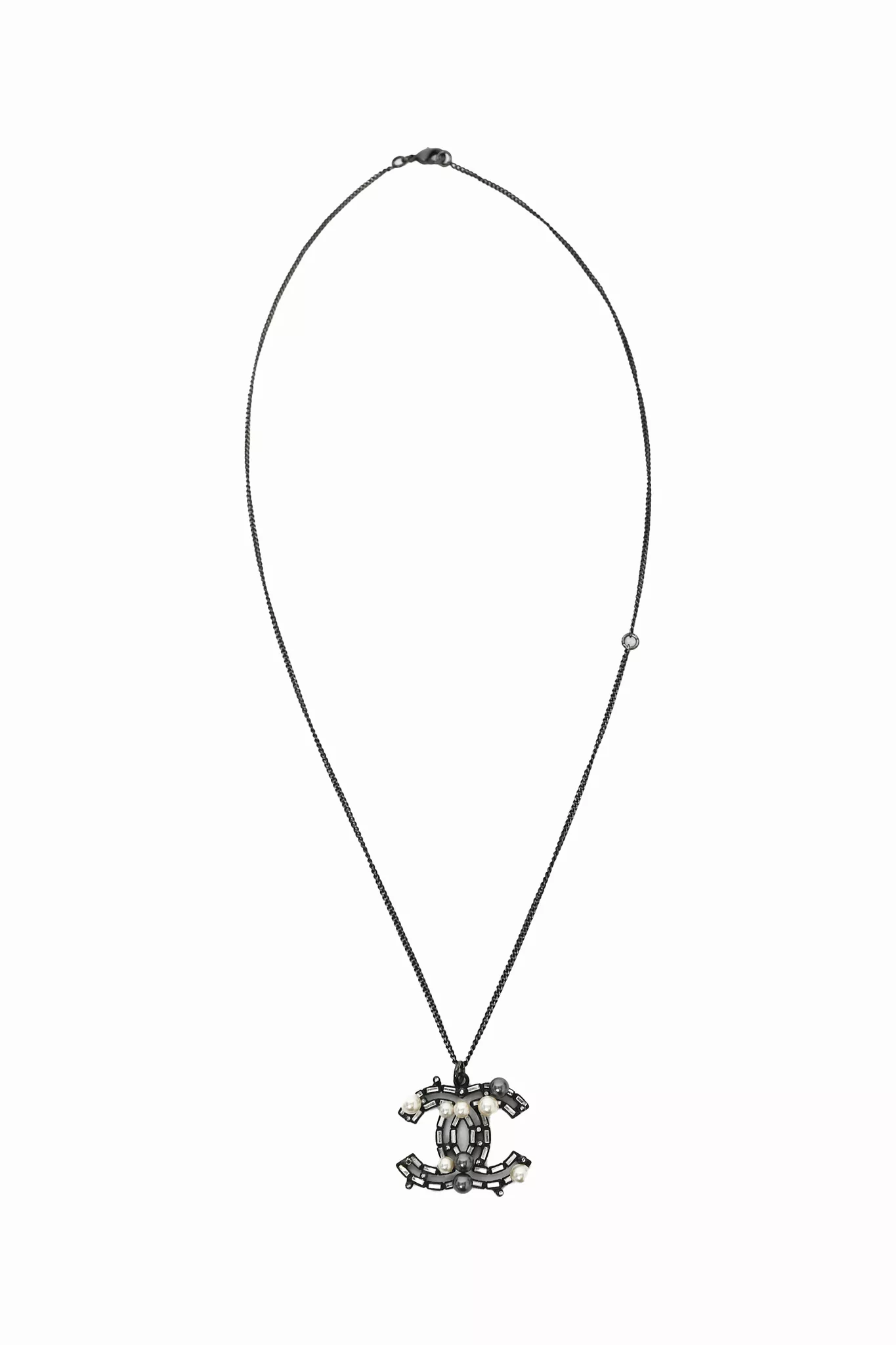 Chanel 2010 Rhodium Plated Faux Pearl Crystal Studded CC Necklace