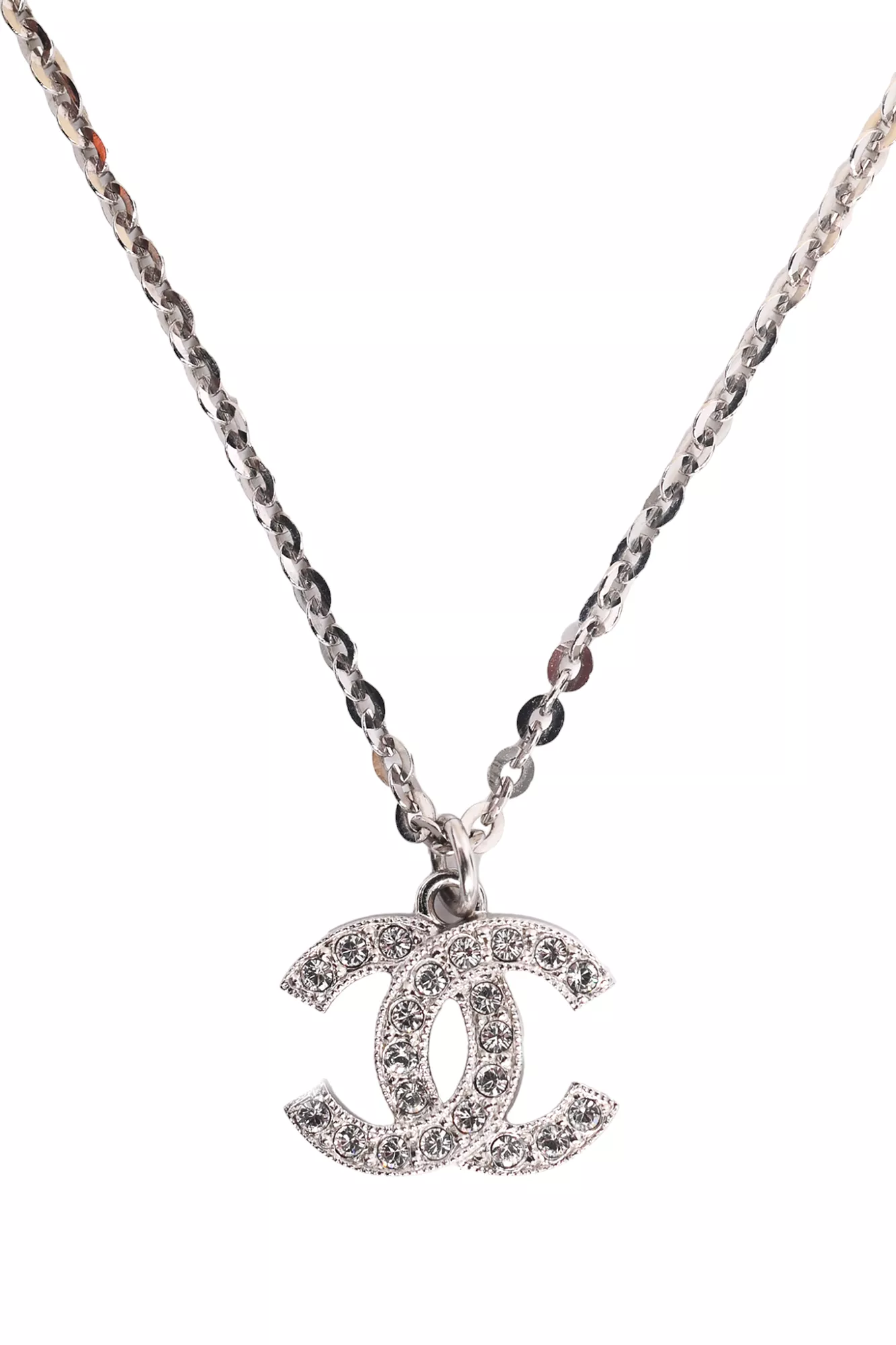 Chanel 2022 Silver Toned Crystal CC Necklace