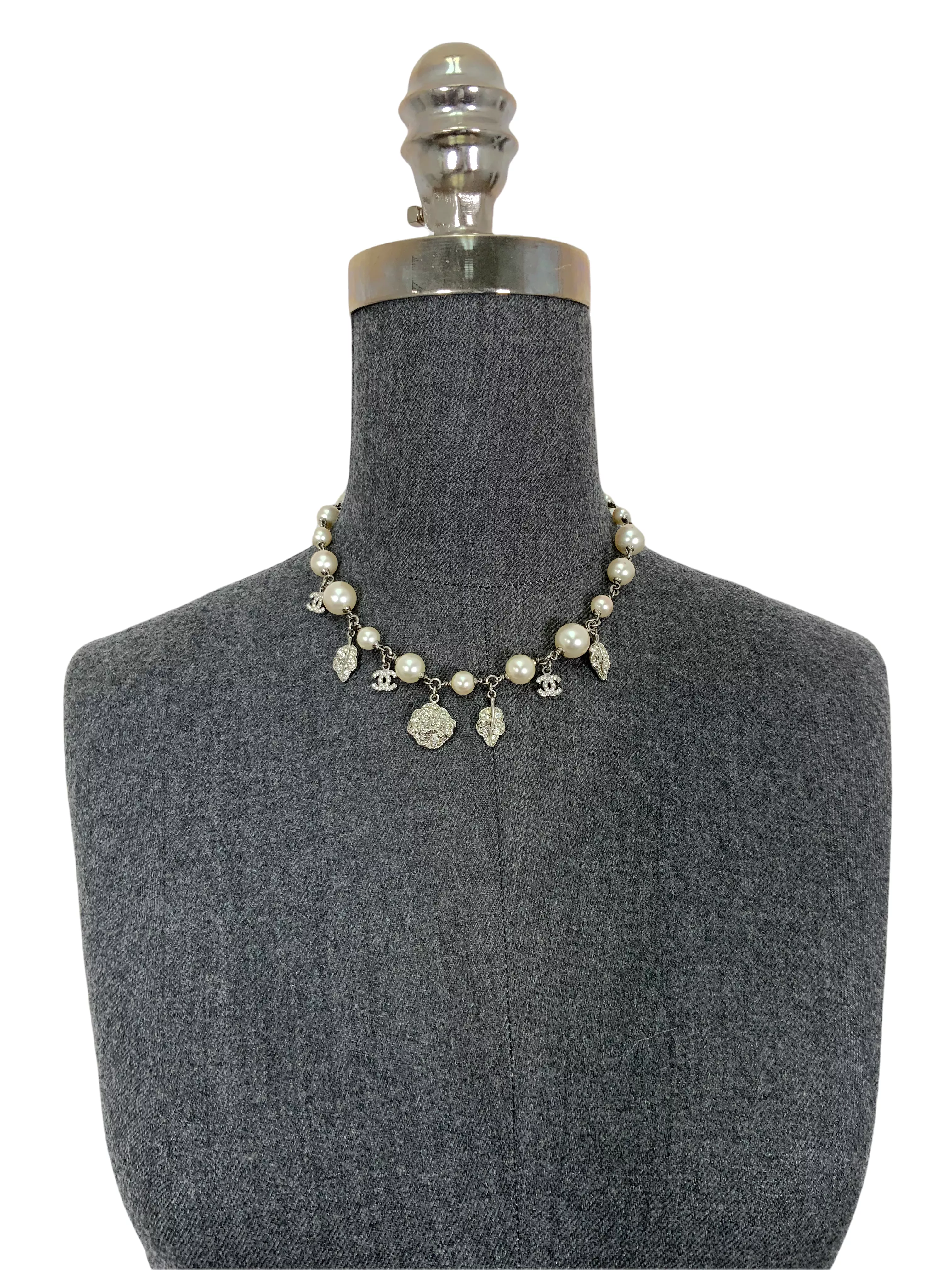 CHANEL Faux Pearl Crystal Camellia Charm Necklace