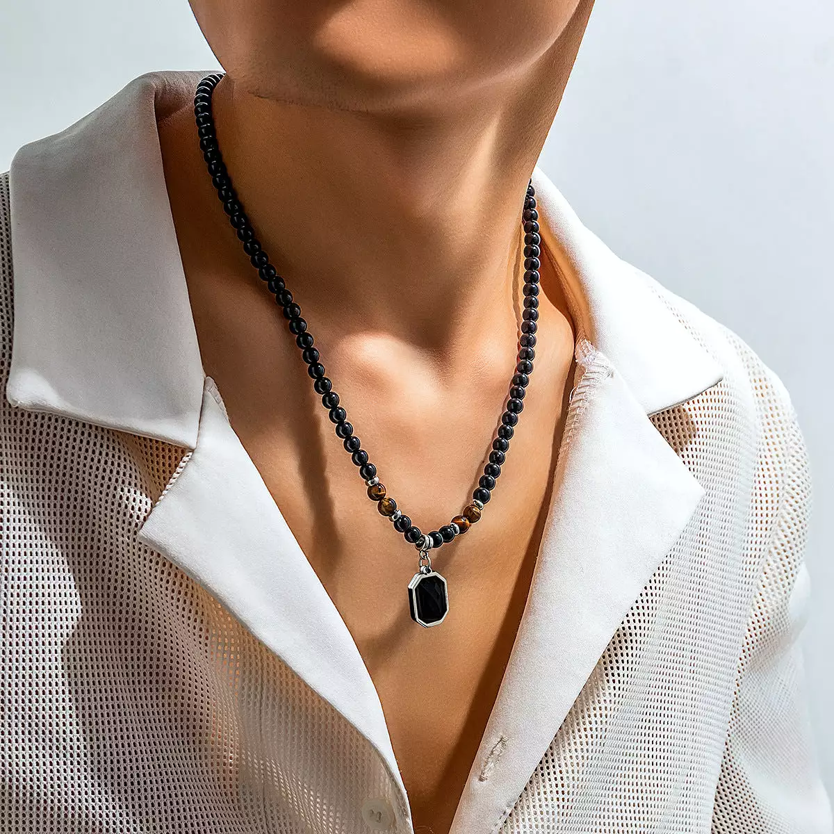 Cross-border tiger stone beaded necklace for men's