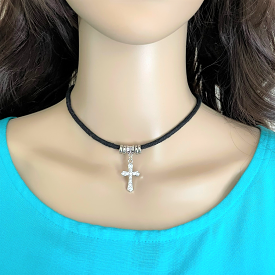 Crystal Silver Cross Choker