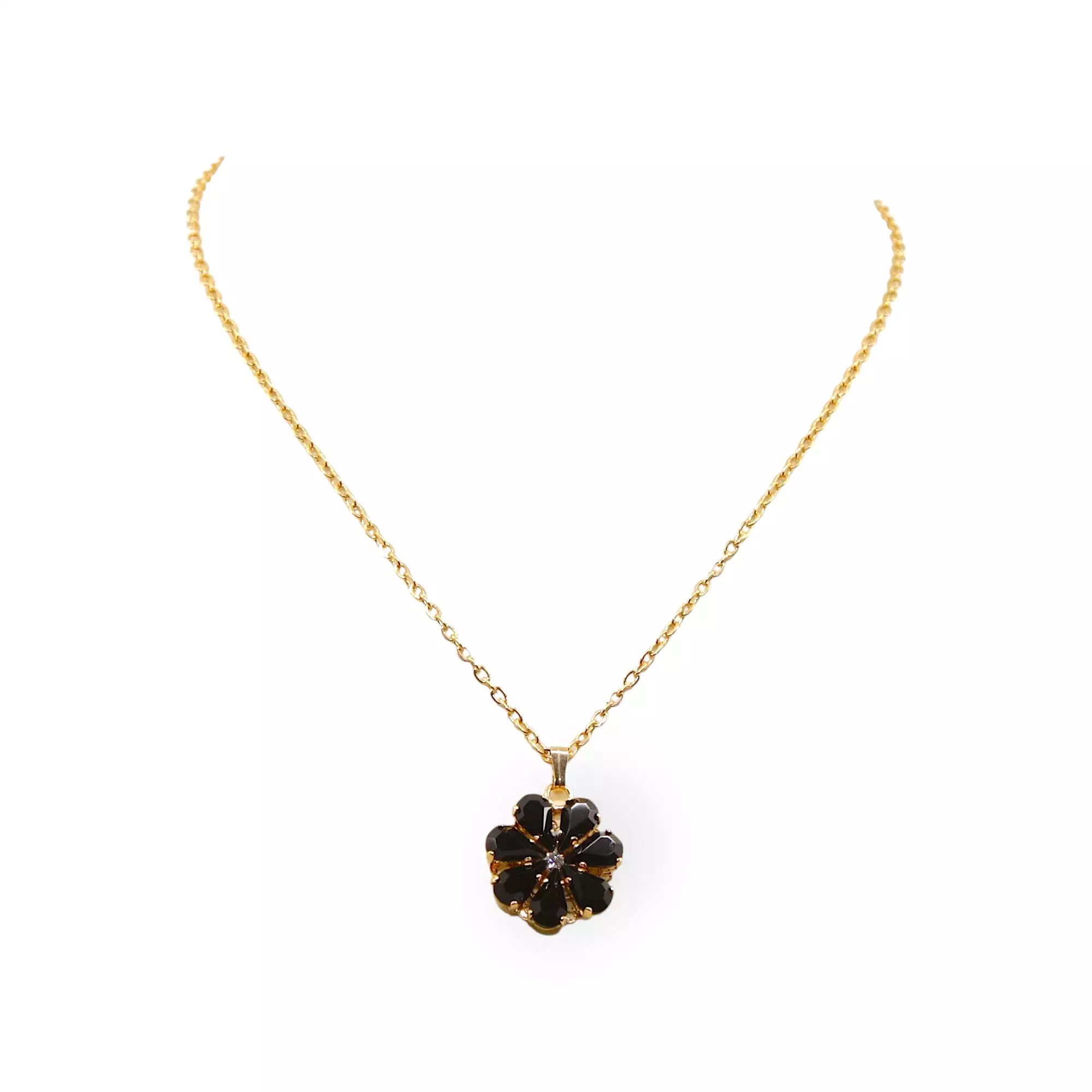 Daisy Pendant Necklace With Crystal Drops In Onyx Shades.