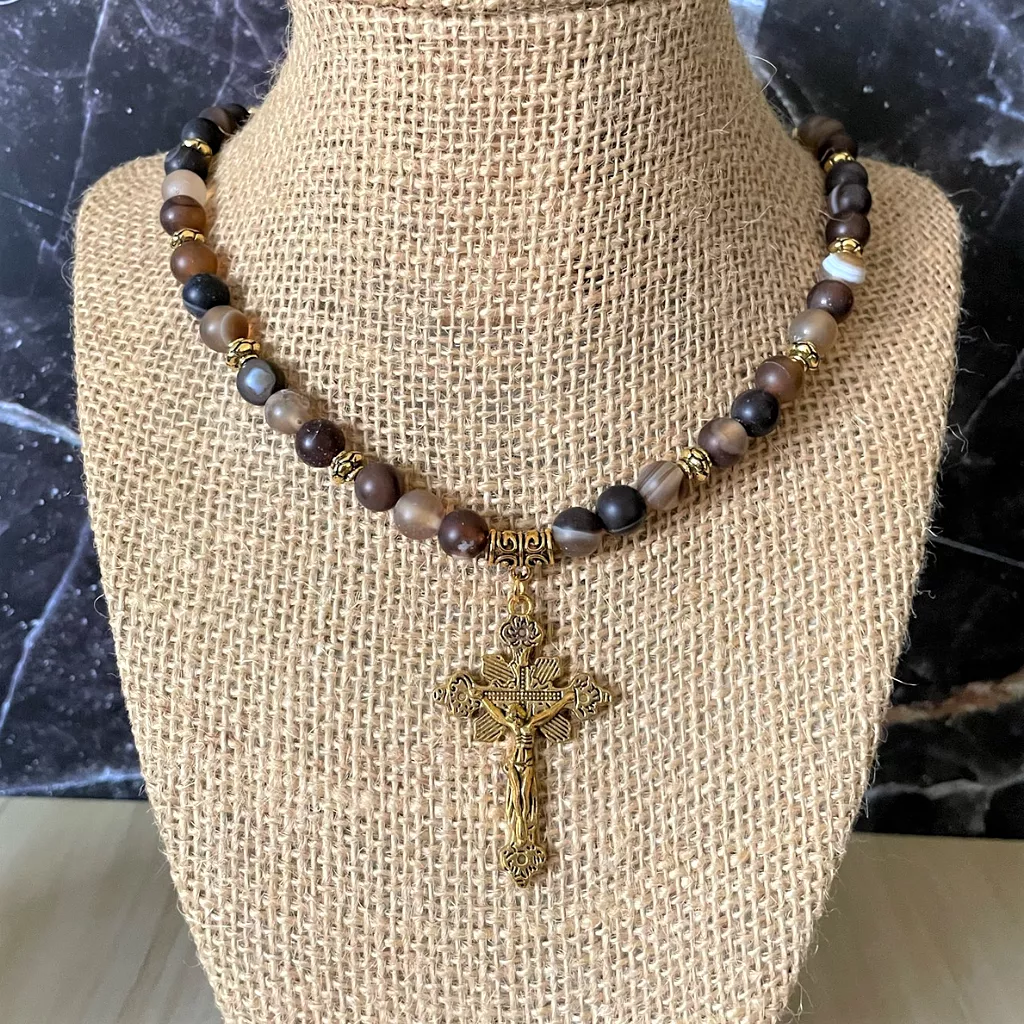 Dark Brown Matte Agate Mens Beaded Necklace With Gold Cross