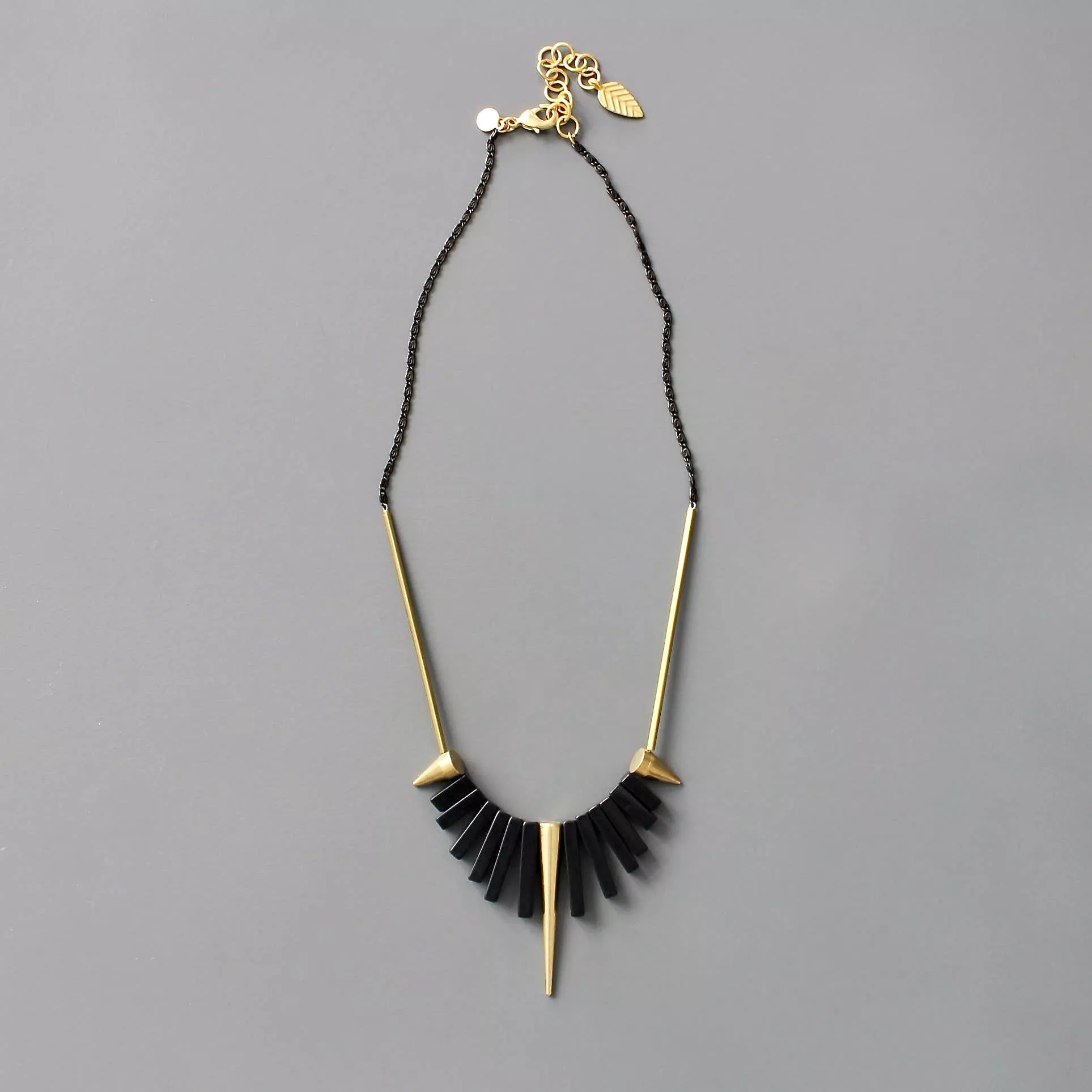 Geometric Black Agate and Brass Spike Necklace