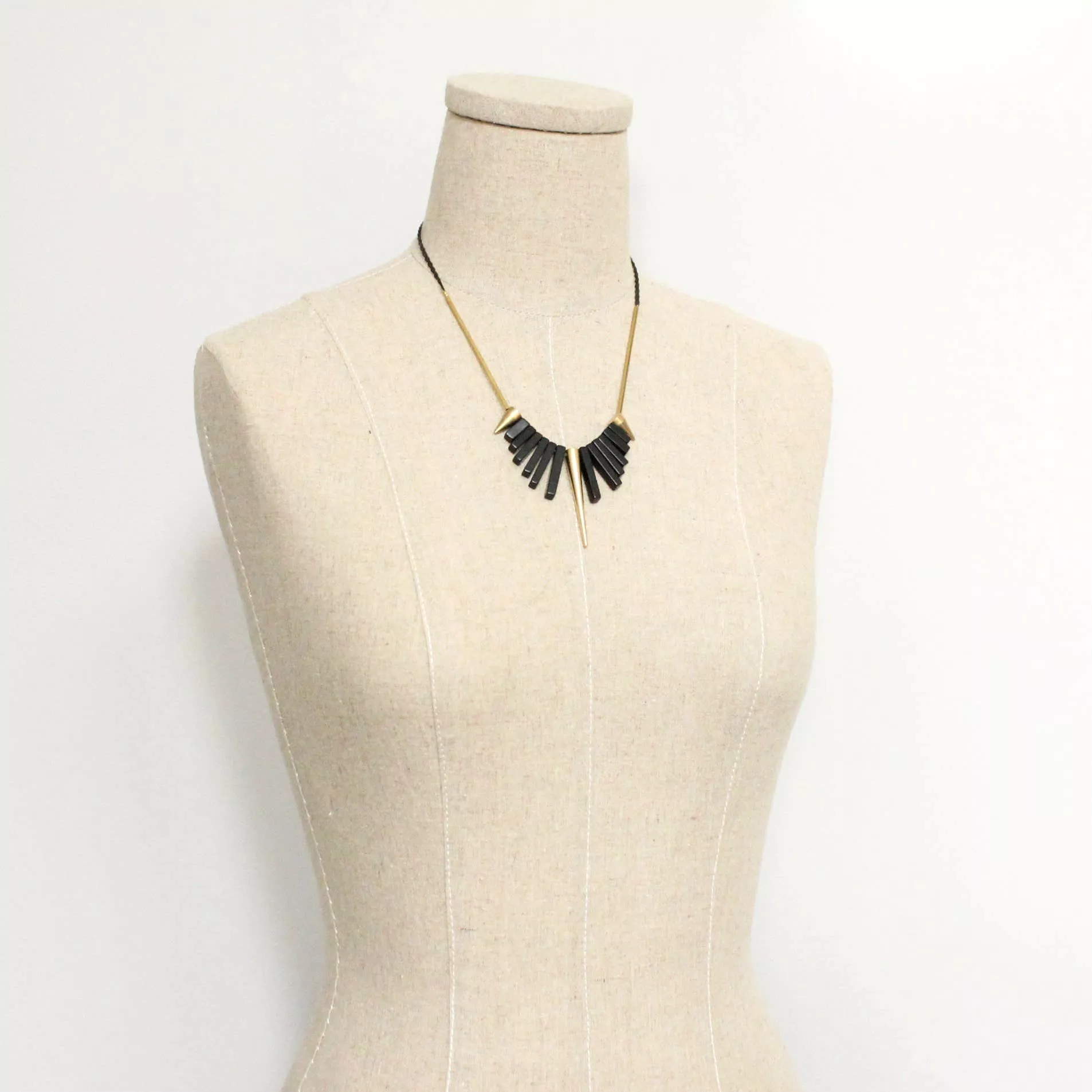 Geometric Black Agate and Brass Spike Necklace