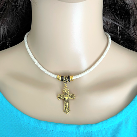 Gold Cross on White Cord Choker