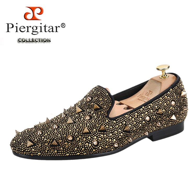 Gold Crystals And Studs Mens Loafers Handmade Slip-On Moccasin Shoes