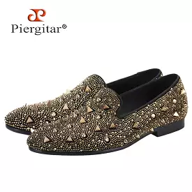 Gold Crystals And Studs Mens Loafers Handmade Slip-On Moccasin Shoes