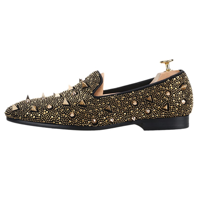 Gold Crystals And Studs Mens Loafers Handmade Slip-On Moccasin Shoes