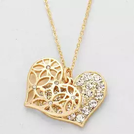 Gold Cut Out Heart and Crystal Pave Heart Necklace