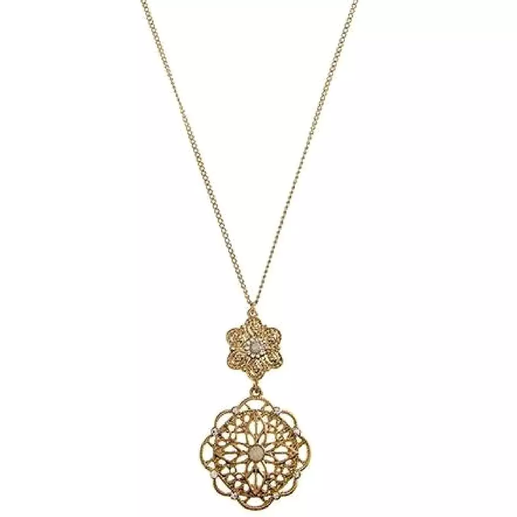 Gold Filigree Floral Crystal Pendant Necklace