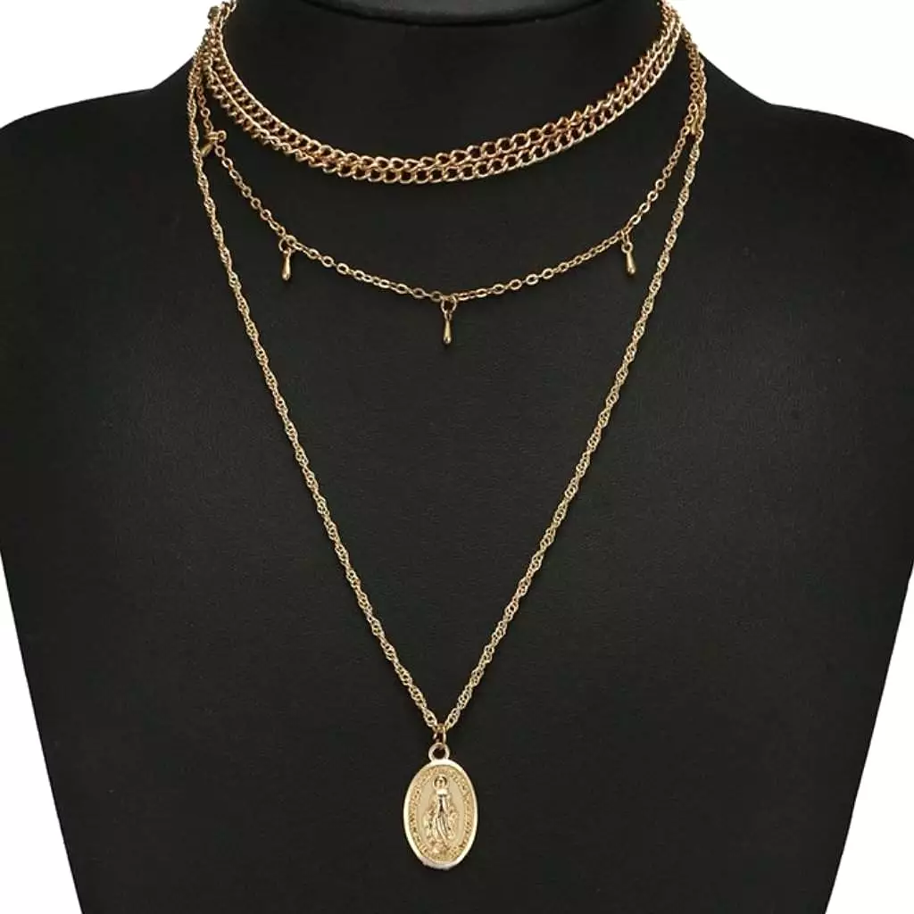 Gold Long Layered Virgin Mary Necklace