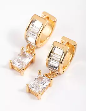 Gold Plated Cubic Zirconia Baguette Drop Huggie Earrings