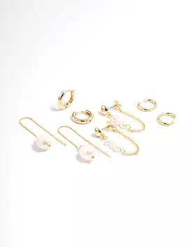 Gold Plated Freshwater Pearl Threader Huggie Earrings 4-Pack