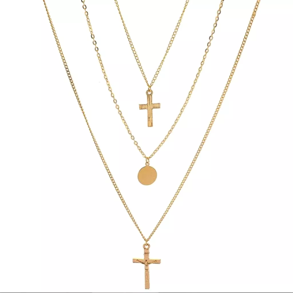 Gold Triple Layered Double Cross and Disc Necklace