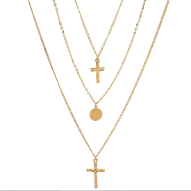 Gold Triple Layered Double Cross and Disc Necklace