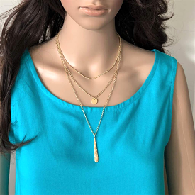 Gold Triple Layered Long Bar and Circle Necklace