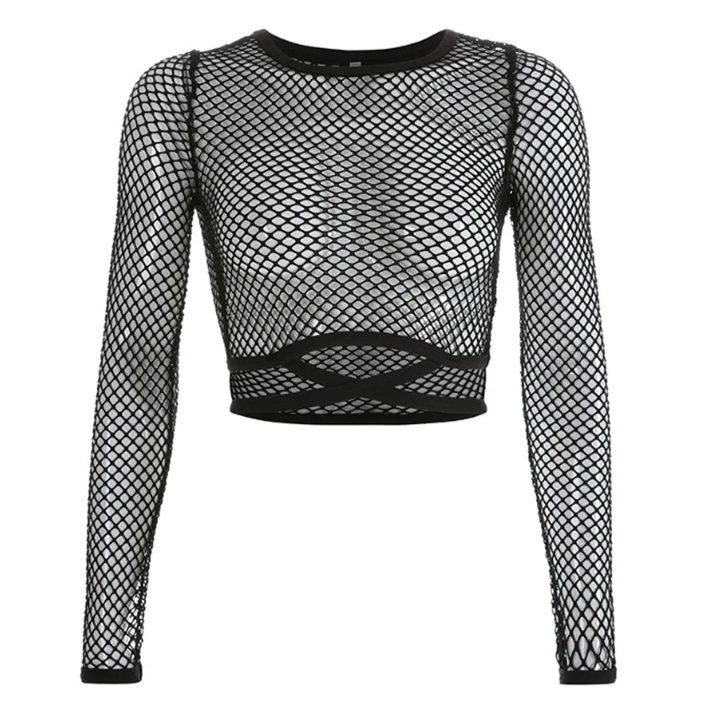 Gothic Long Sleeve Fishnet Top - Hollow See-Through Mesh