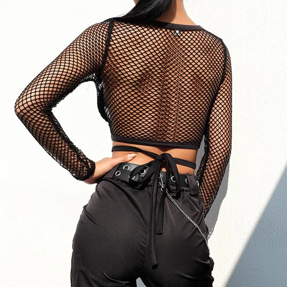 Gothic Long Sleeve Fishnet Top - Hollow See-Through Mesh