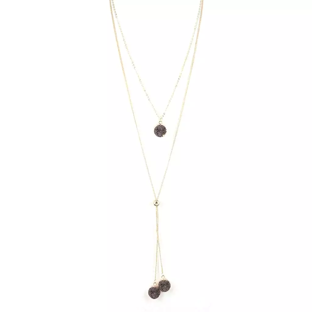 Hematite Druzy Drop Long Layered Lariat Necklace