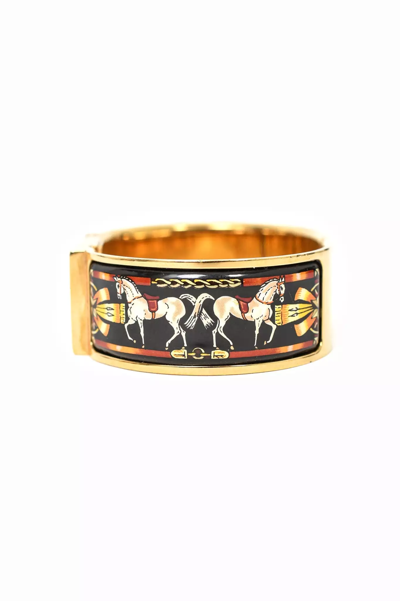 Hermes Gold Plated/Black Horse Enamel 'Loquet' Bangle Watch