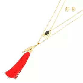 Long Layered Red Tassel and Leaf Necklace