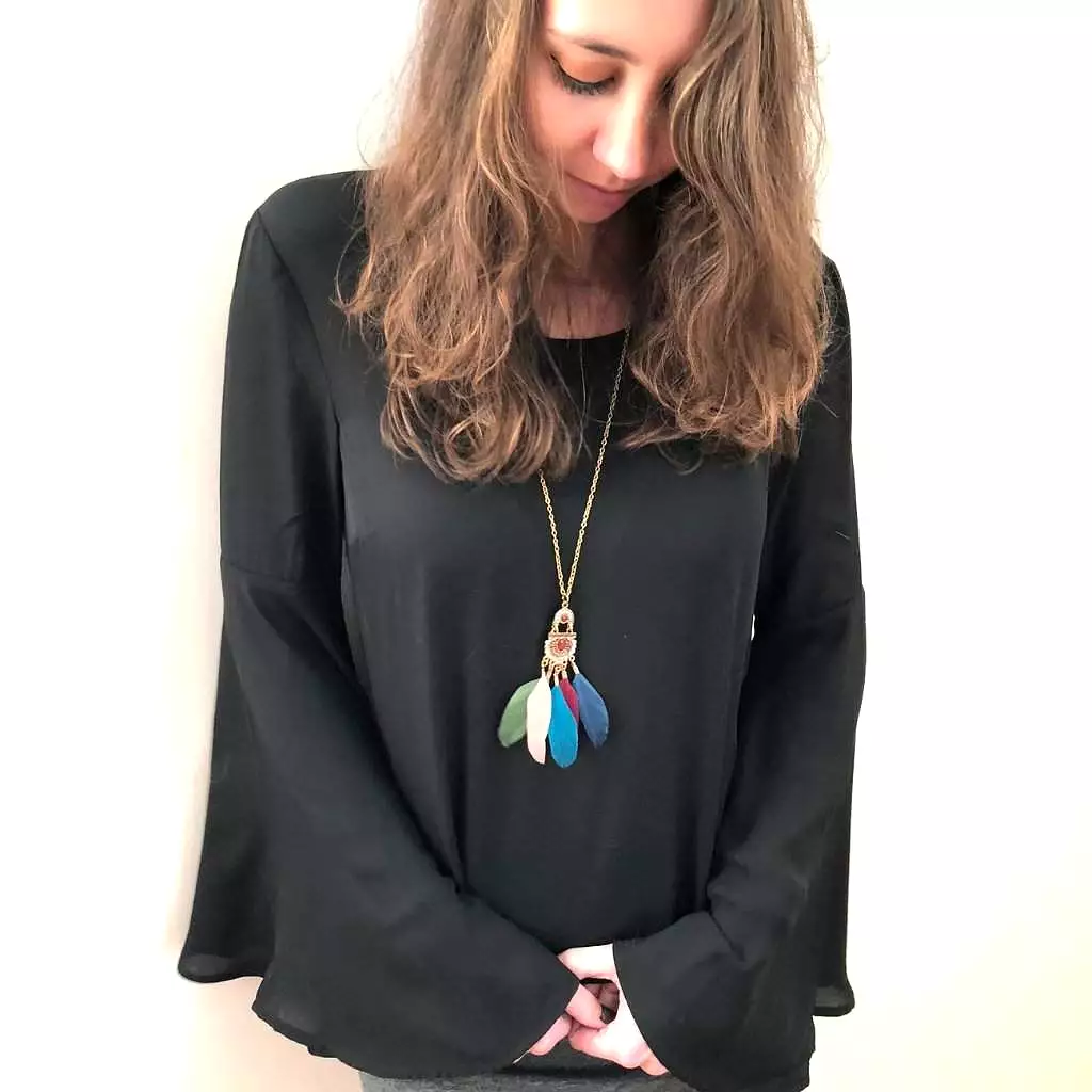 Long Multi Colored Feather Pendant Necklace