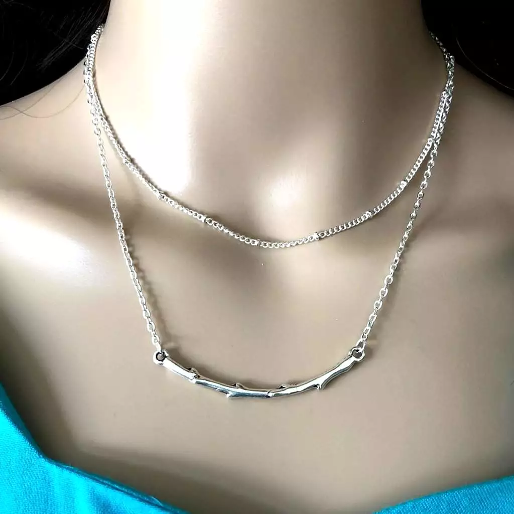 Long Silver Layered Stone and Silver Branch Necklace