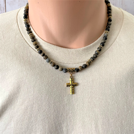 Matte Artistic Stone 6mm and Gold Cross Mens Beaded Necklace