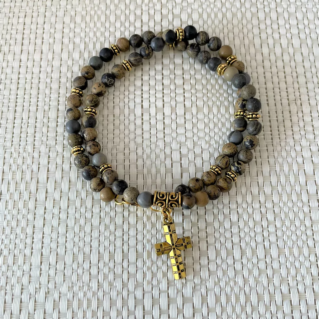 Matte Artistic Stone 6mm and Gold Cross Mens Beaded Necklace