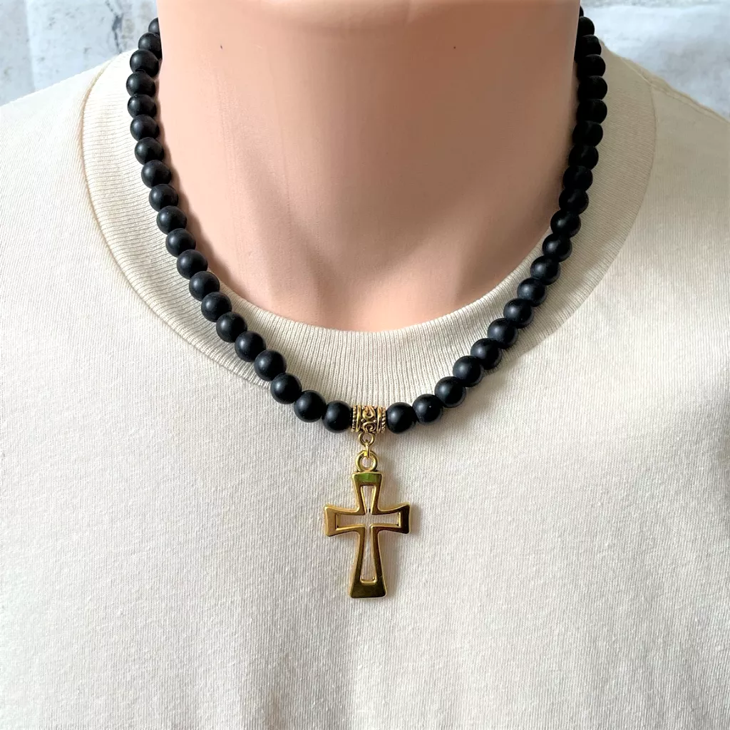 Matte Black Onyx and Gold Cut Out Cross Mens Beaded Necklace