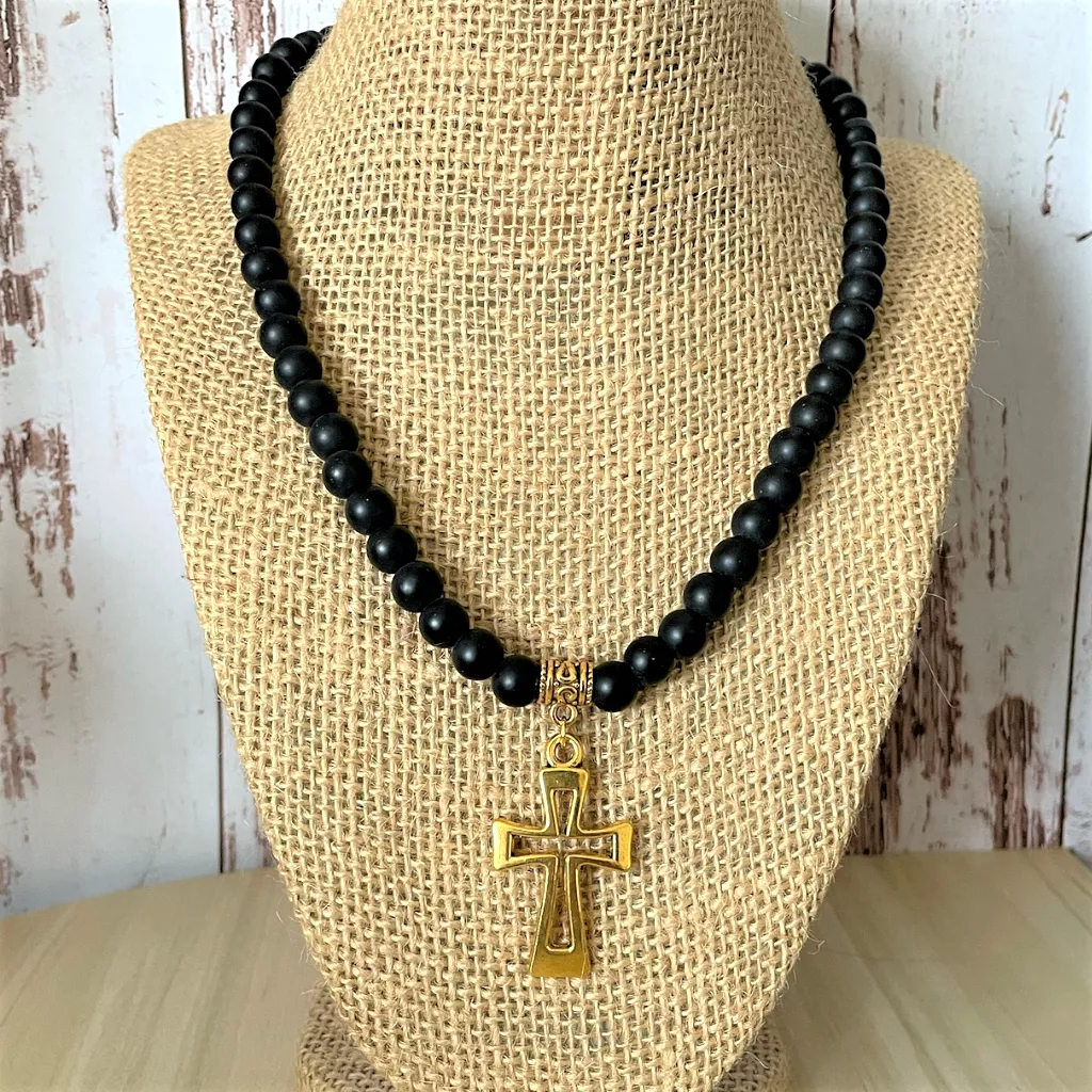 Matte Black Onyx and Gold Cut Out Cross Mens Beaded Necklace