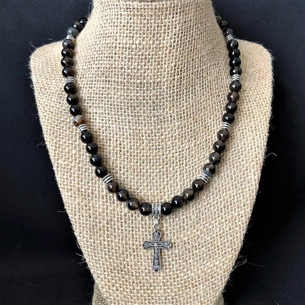 Mens Black and Smoky Brown Agate Beaded Necklace With Silver Cross