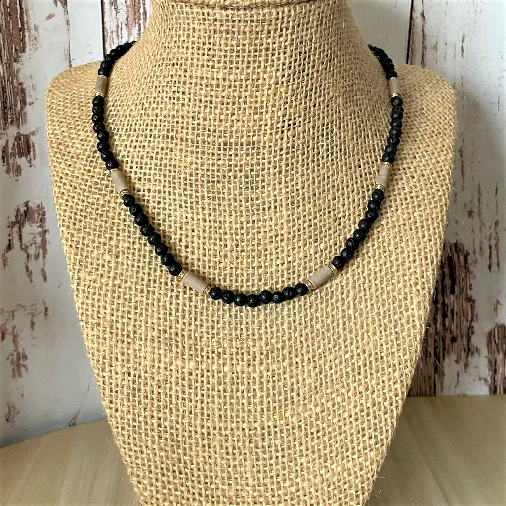 Mens Black Lava and Mushroom Agate Beaded Necklace