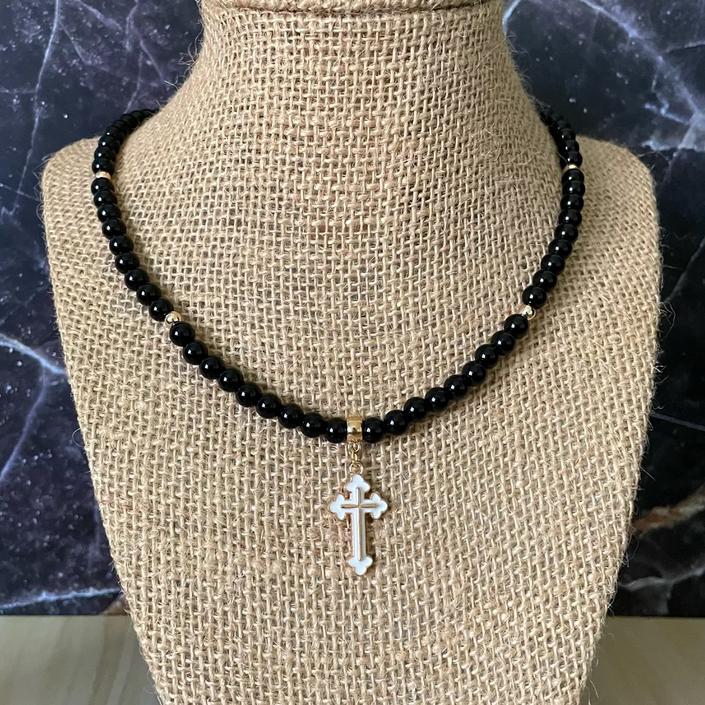 Mens Black Onyx and White Cross Beaded Necklace