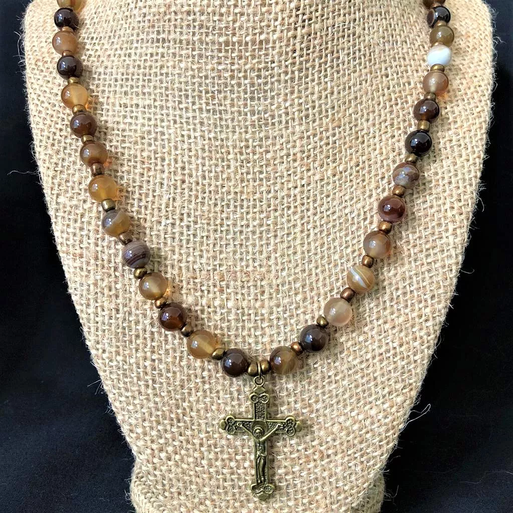 Mens Brown Agate and Brass Cross Beaded Necklace