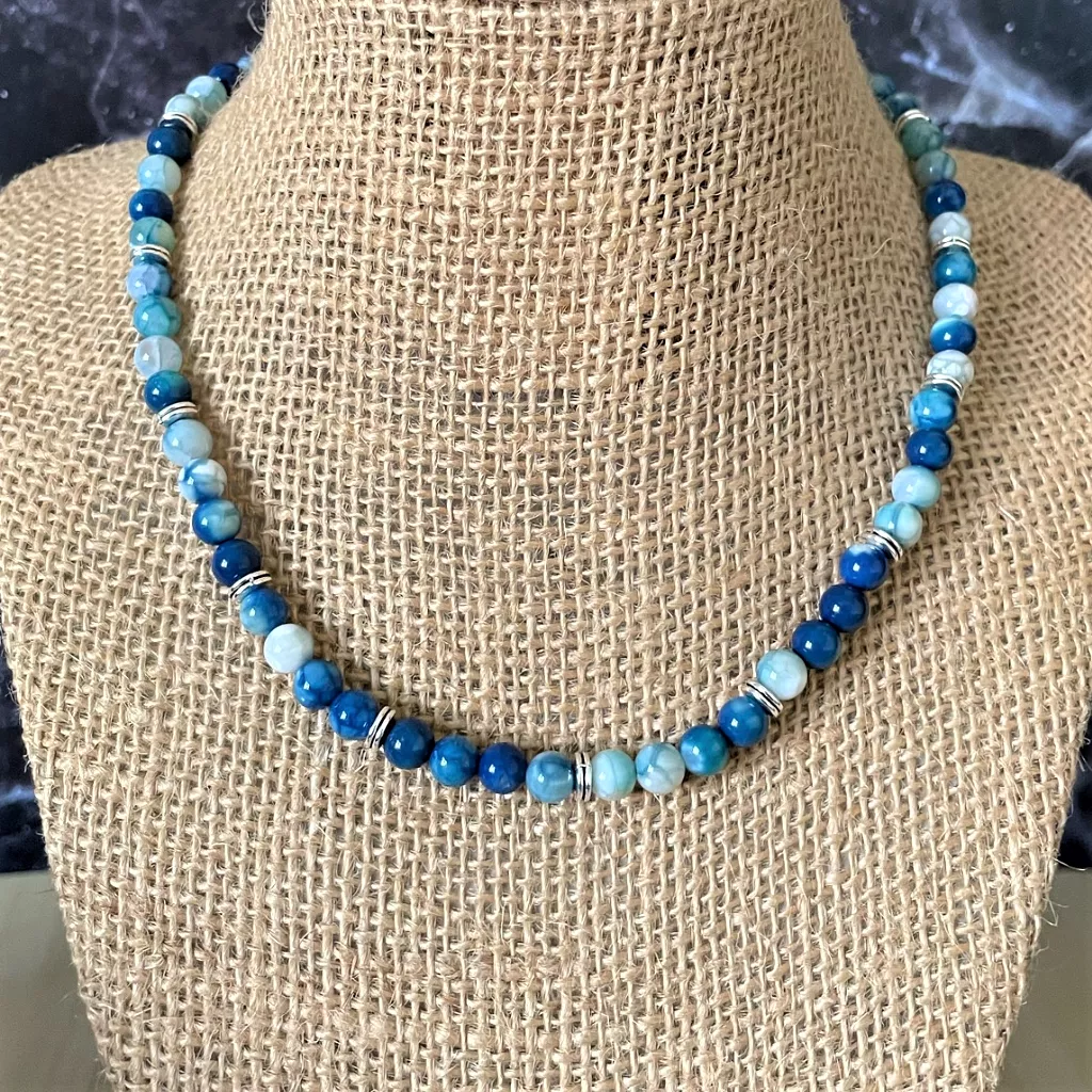 Mens Cobalt Blue Fire Agate Beaded Necklace